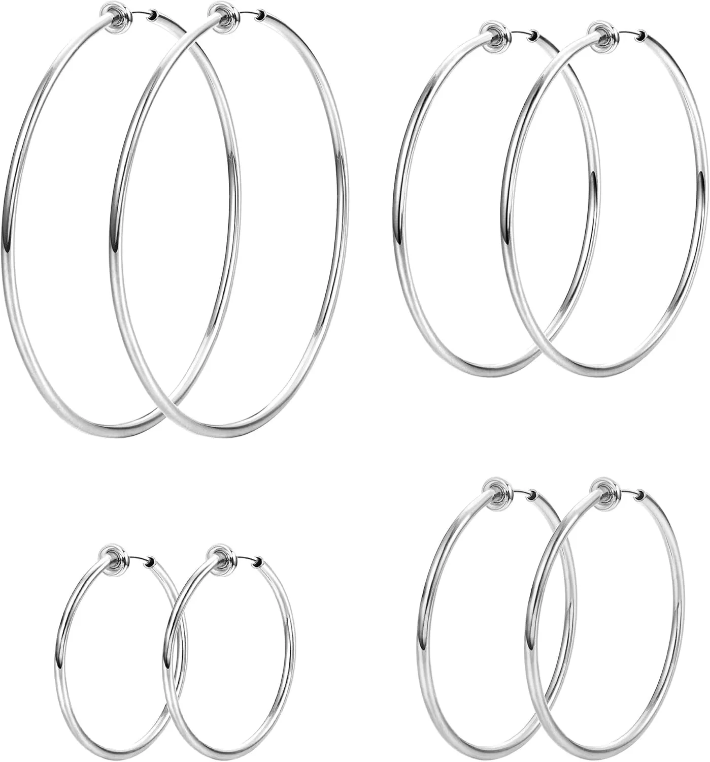 LOYALLOOK 4 Pairs Stainless Steel Clip On Hoop Earrings for Women Fake Hoop Earrings Spring Hoop Earrings For Non-Pierced Ears