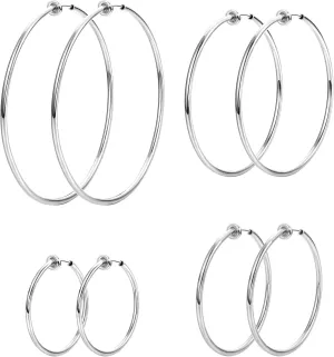 LOYALLOOK 4 Pairs Stainless Steel Clip On Hoop Earrings for Women Fake Hoop Earrings Spring Hoop Earrings For Non-Pierced Ears