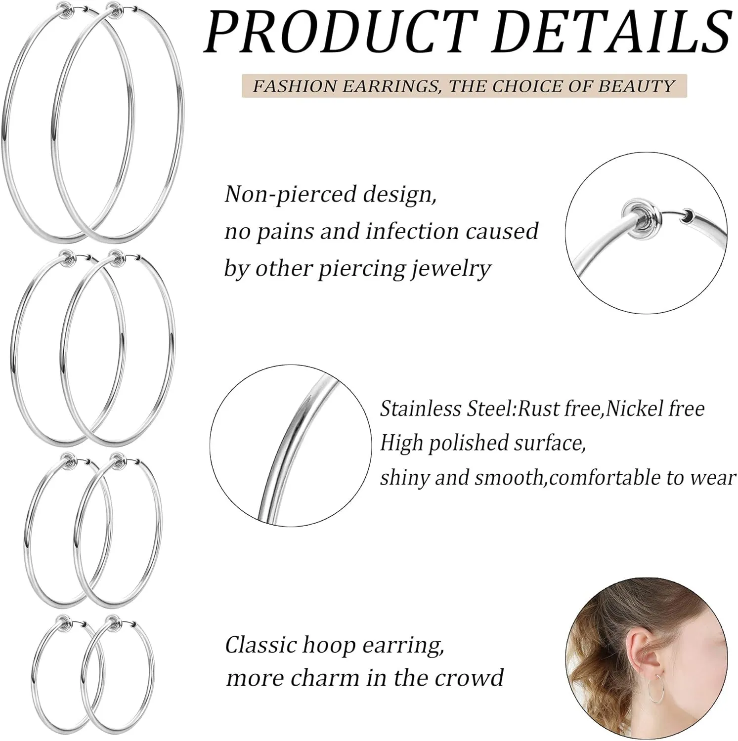 LOYALLOOK 4 Pairs Stainless Steel Clip On Hoop Earrings for Women Fake Hoop Earrings Spring Hoop Earrings For Non-Pierced Ears