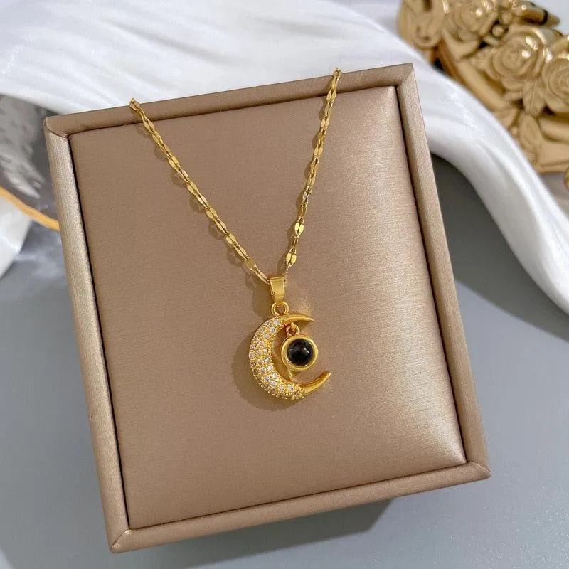 Luna Brilliance Stainless Steel Moon Pendant Necklace