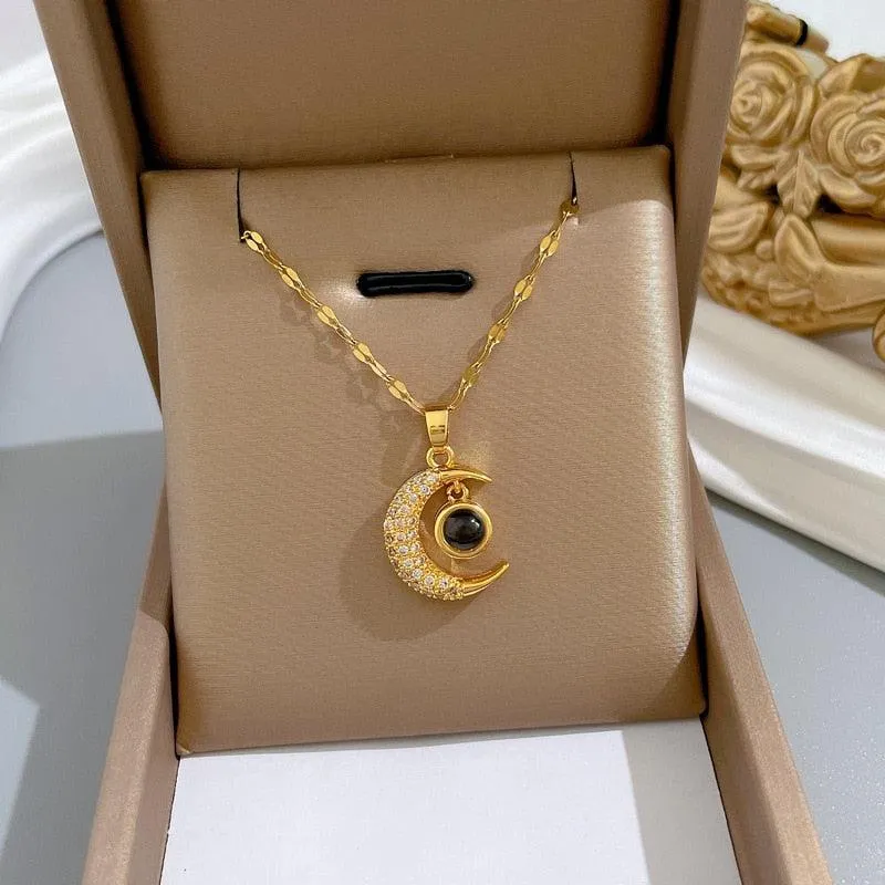 Luna Brilliance Stainless Steel Moon Pendant Necklace