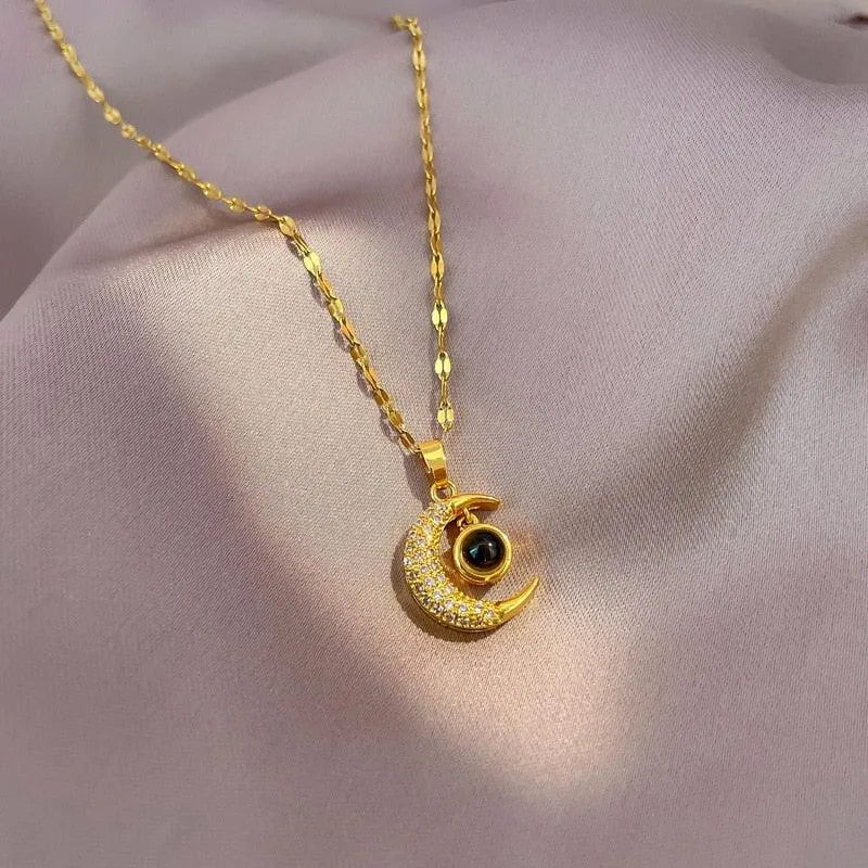 Luna Brilliance Stainless Steel Moon Pendant Necklace