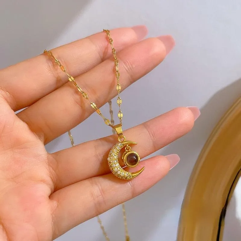 Luna Brilliance Stainless Steel Moon Pendant Necklace