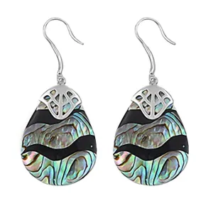 Luna: Onyx & Abalone Shell Banded Tear-drop Silver Dangle Earrings