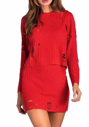 MB FASHION Distressed Knit Long-Sleeve Top and Mini Skirt Set 2232
