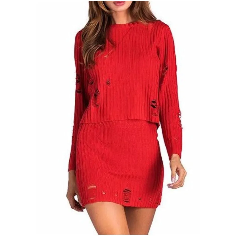 MB FASHION Distressed Knit Long-Sleeve Top and Mini Skirt Set 2232