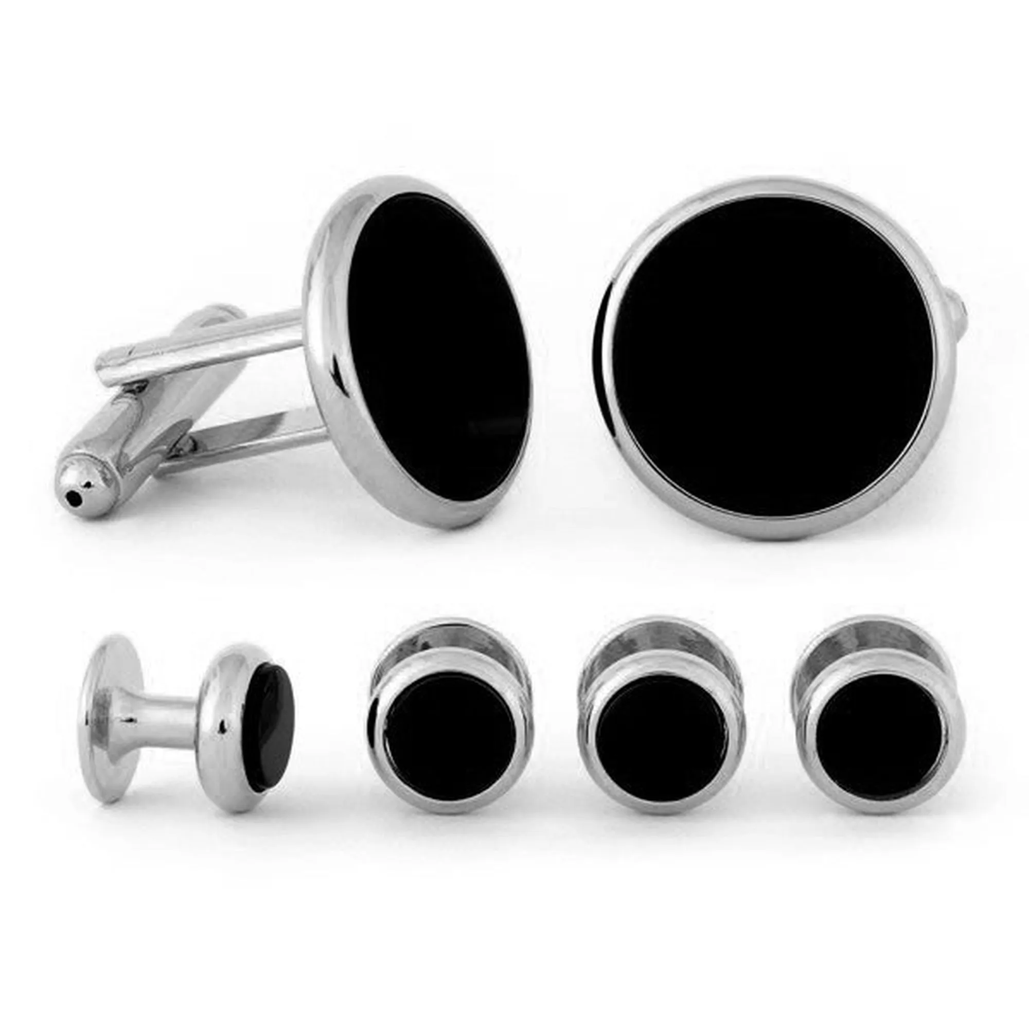 Men's Tuxedo Cufflinks and Studs - Black Onyx with Silver