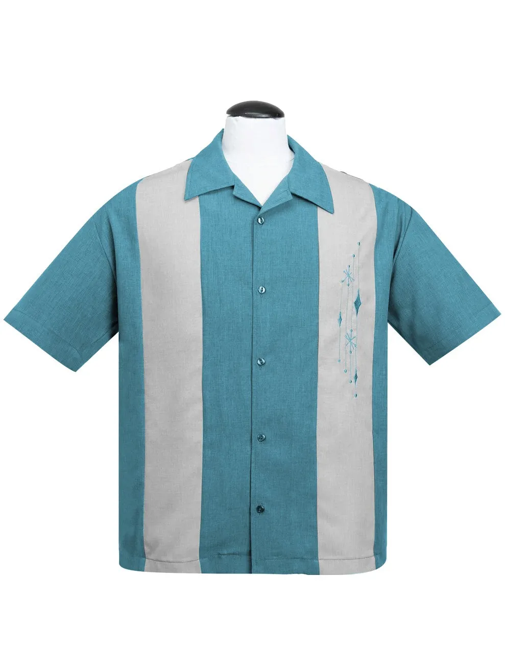 Mid Century Marvel Bowling Shirt in Pacific/Silver
