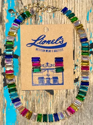 Multi Color Rectangular Crystal Necklace w/ Earrings