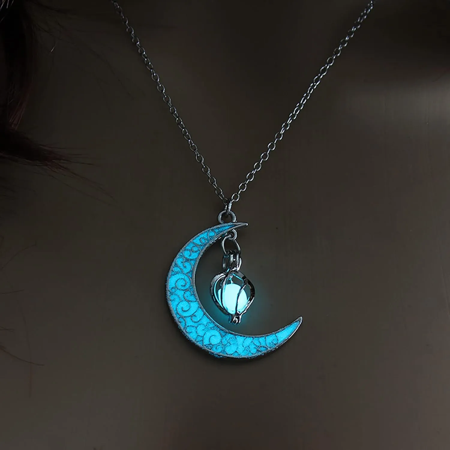 Necklaces for Women Glow in The Dark Silver Crescent Moon and Orb Necklace - Glowing Blue Moon Charm - Magical Fantasy Fairy Glowing Necklace - Glow Jewelry