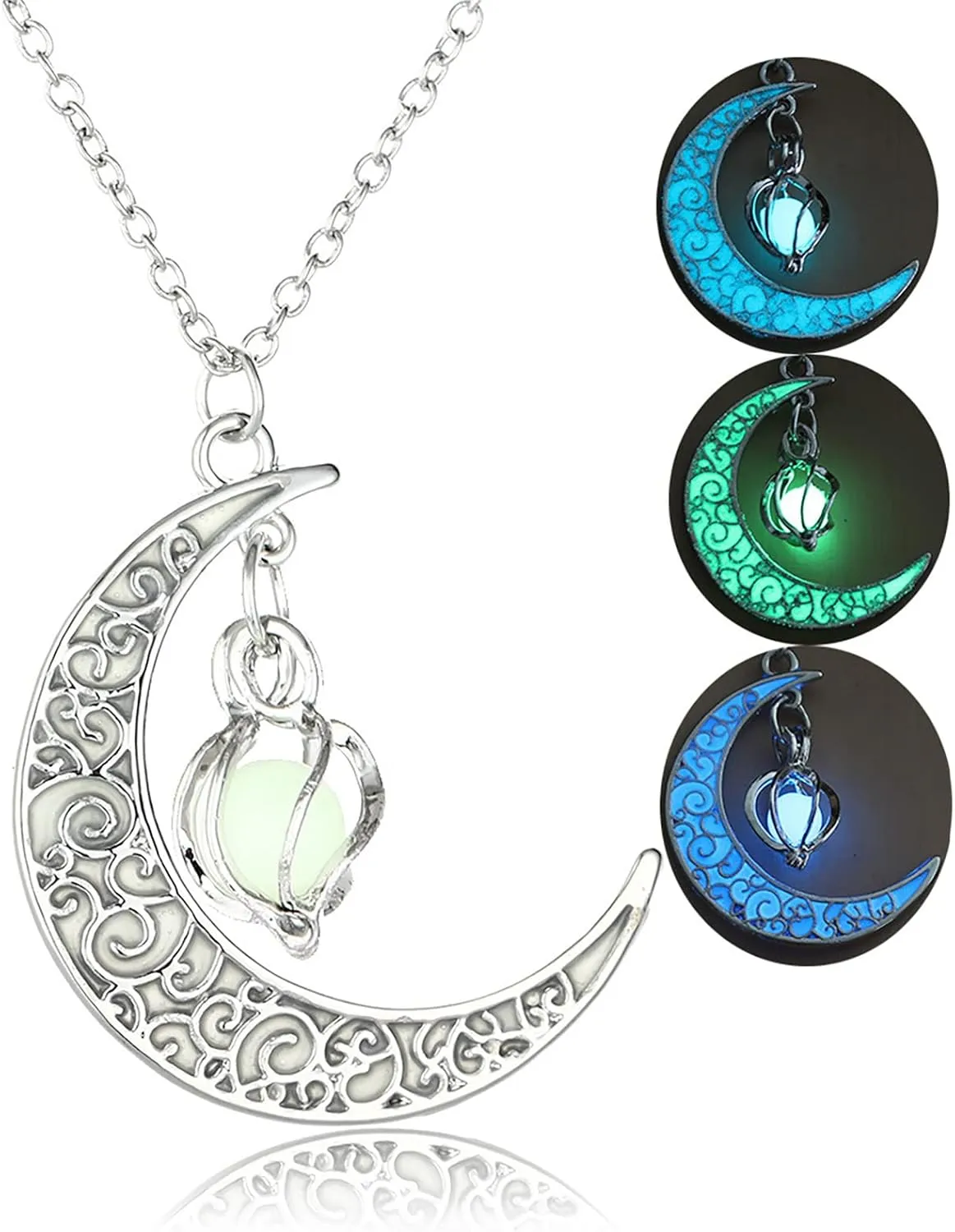 Necklaces for Women Glow in The Dark Silver Crescent Moon and Orb Necklace - Glowing Blue Moon Charm - Magical Fantasy Fairy Glowing Necklace - Glow Jewelry