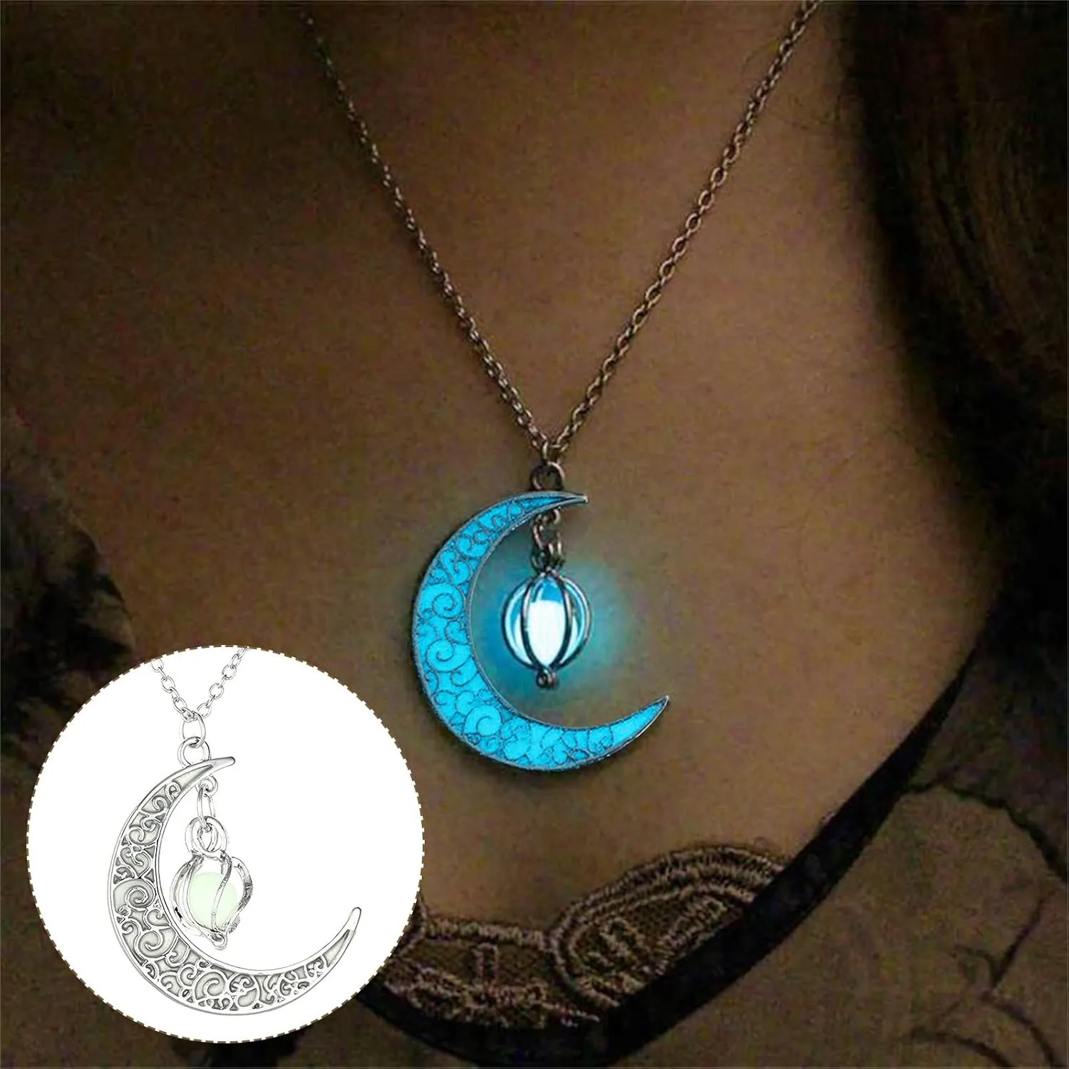 Necklaces for Women Glow in The Dark Silver Crescent Moon and Orb Necklace - Glowing Blue Moon Charm - Magical Fantasy Fairy Glowing Necklace - Glow Jewelry