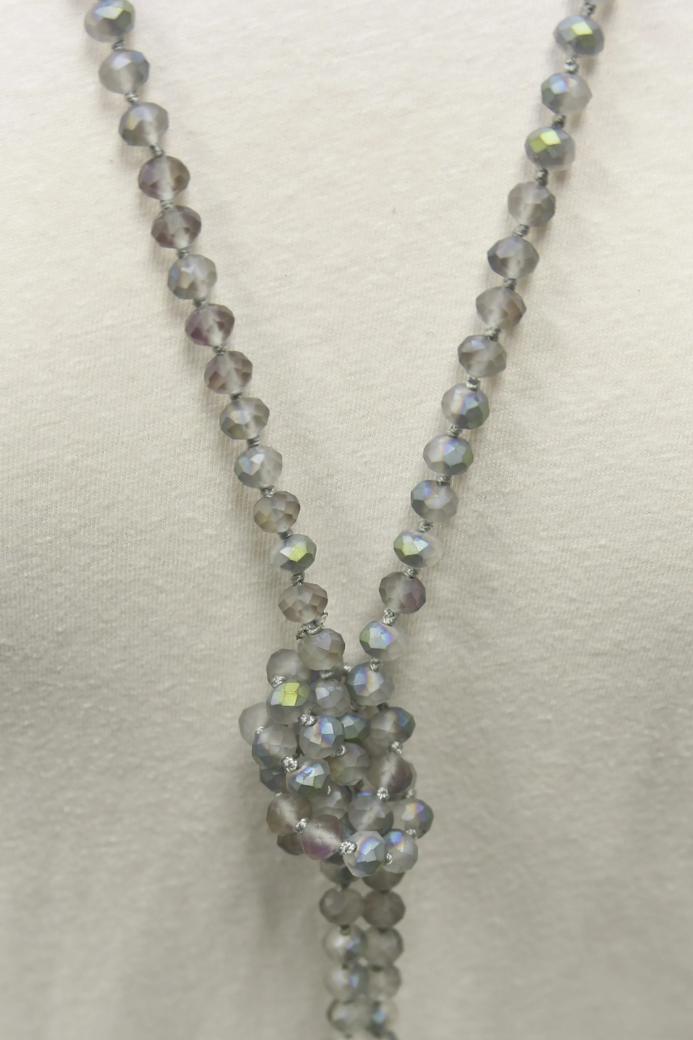 NK-2244 IRI GREY 60" hand knotted glass bead necklace