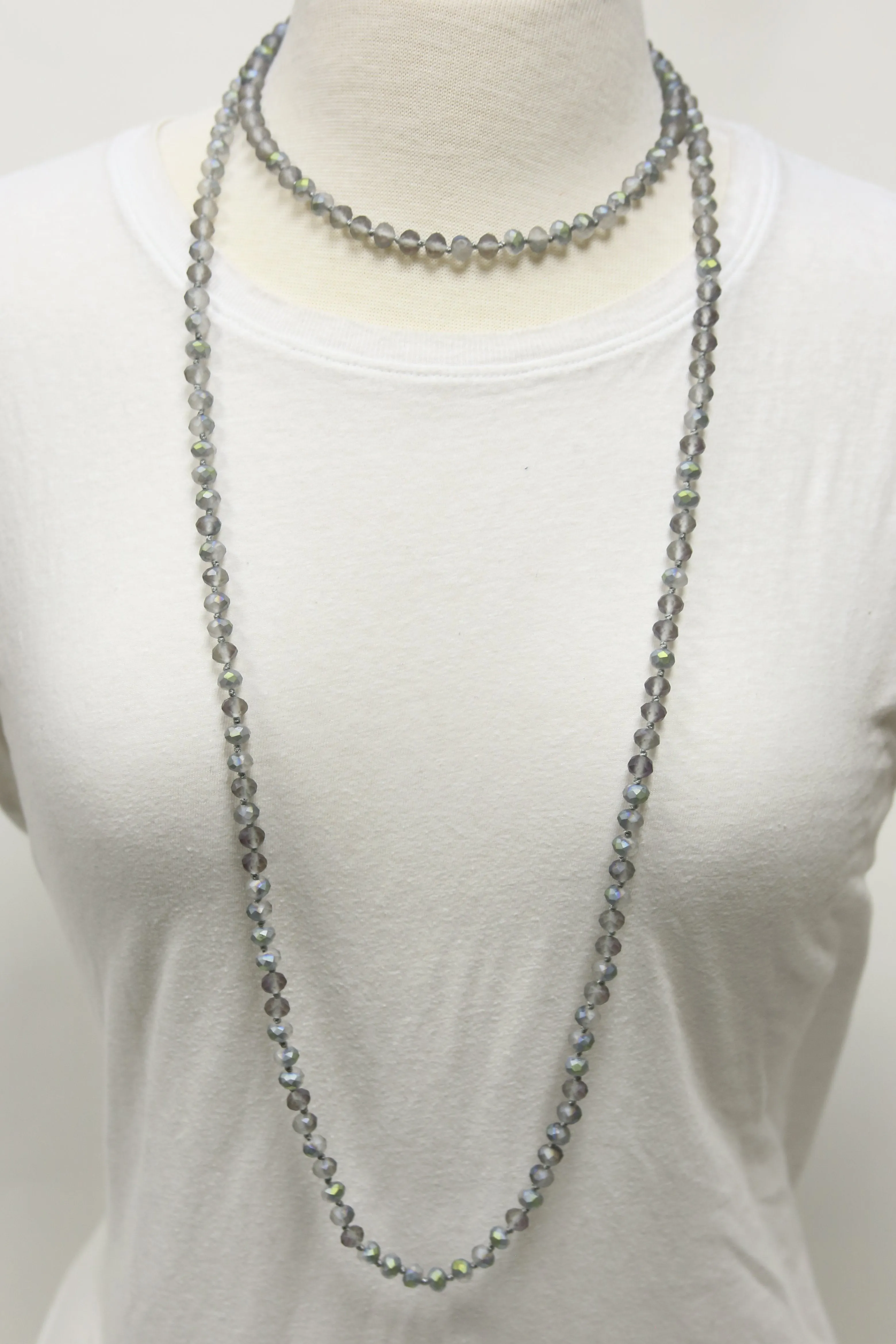 NK-2244 IRI GREY 60" hand knotted glass bead necklace