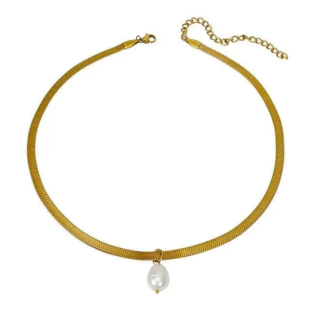 Opulent Flat Snake Titanium Pearl Necklace