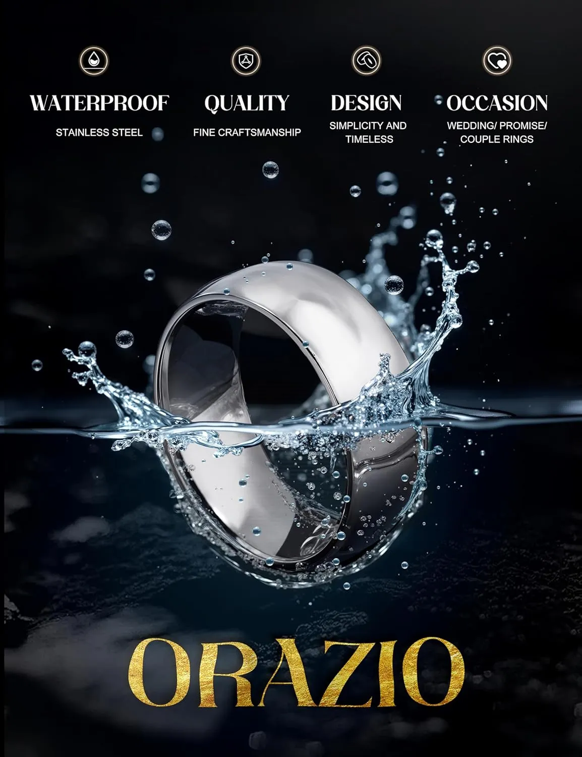 ORAZIO Stainless Steel Rings for Men Women 6MM 8MM Wedding Band Rings Silver/Black/Gold Domed High Polished Basic Wedding Bands Comfort Fit Size 6-14