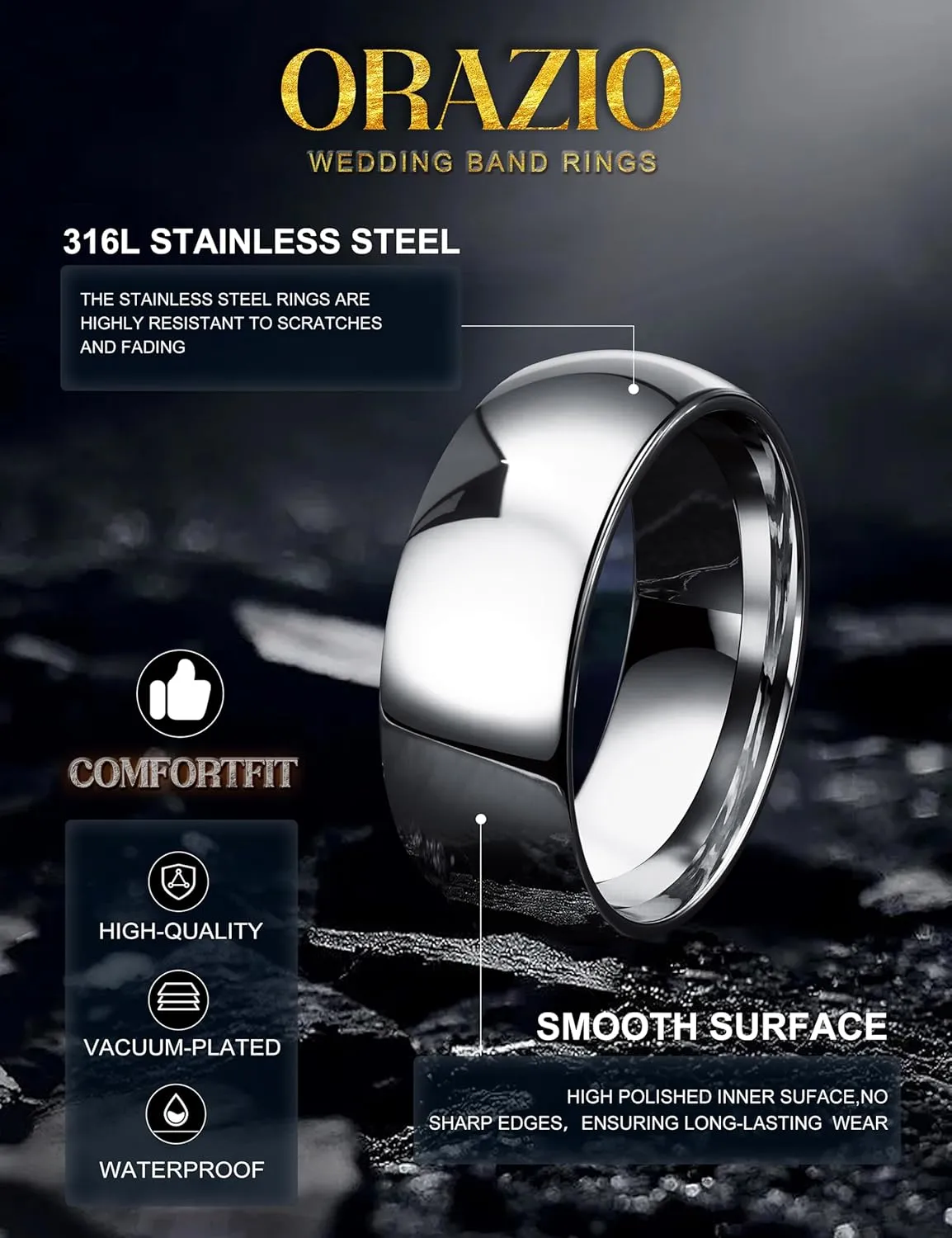 ORAZIO Stainless Steel Rings for Men Women 6MM 8MM Wedding Band Rings Silver/Black/Gold Domed High Polished Basic Wedding Bands Comfort Fit Size 6-14