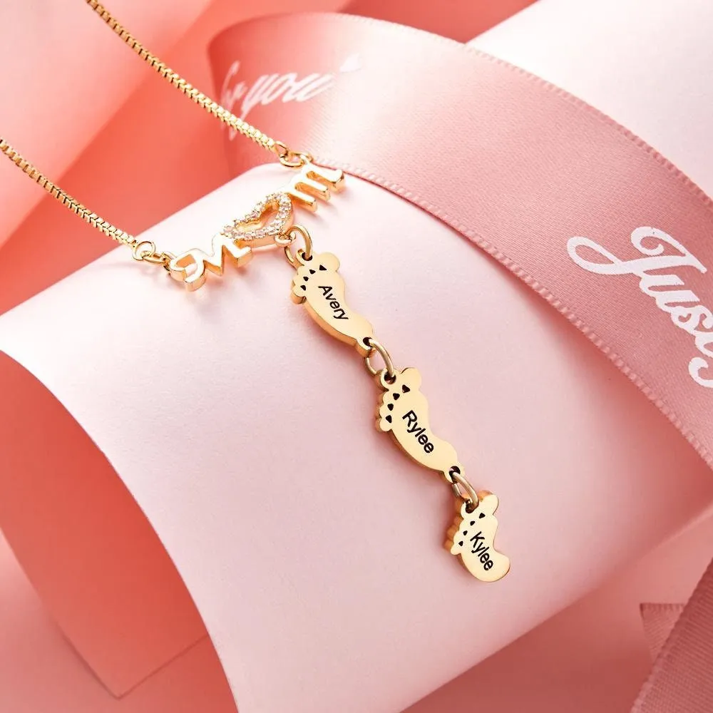 Personalised Name footprints pendant Necklace Family Feet Mother's Day Birthday Anniversary Gifts for wife Mom grandmother's garden jewelry