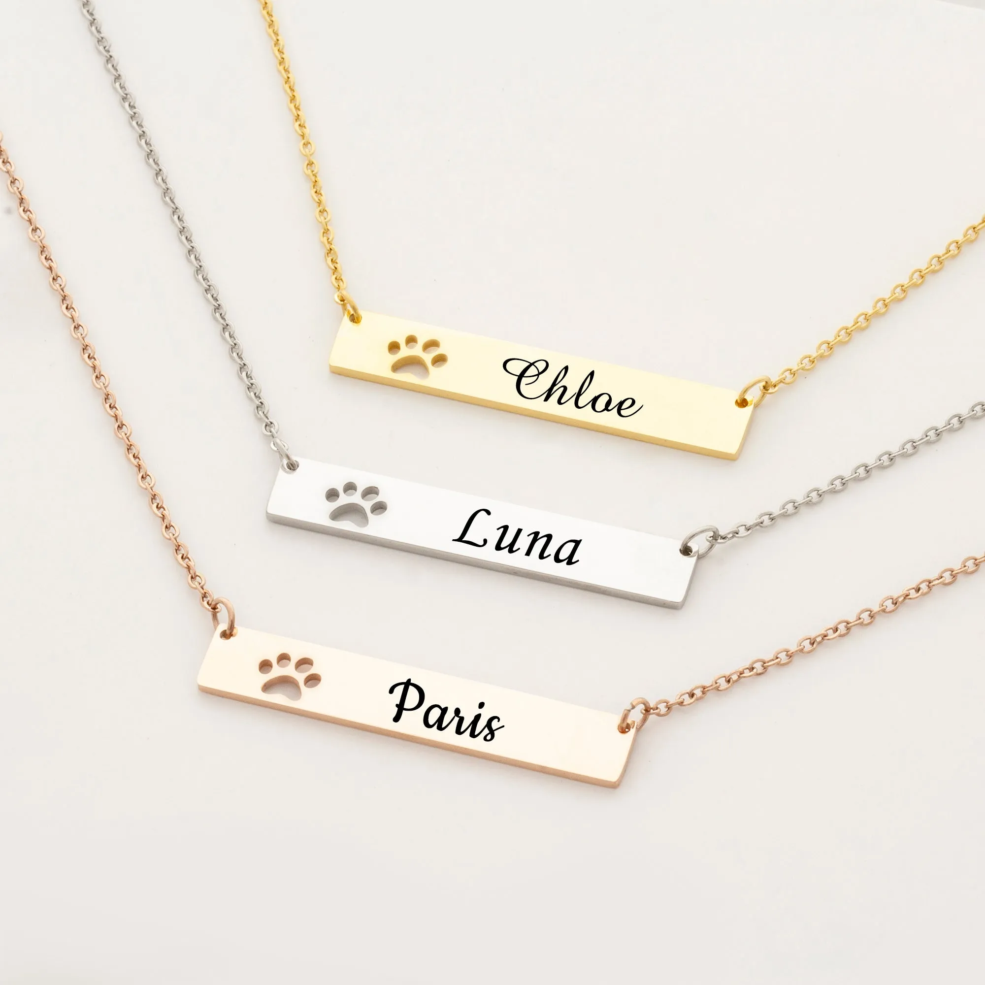 Personalized Dog Paw Print Name Bar Necklace for Puppy Lover