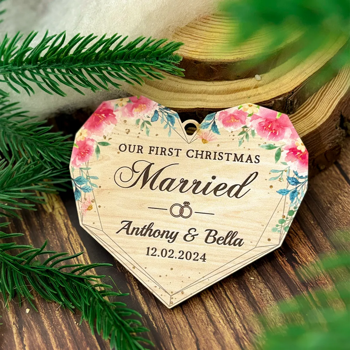 Personalized First Christmas Married Ornament - Custom Shaped Wooden Ornament, Newlywed Christmas Ornament, Gifts For Couple Bride Groom Bridal Shower