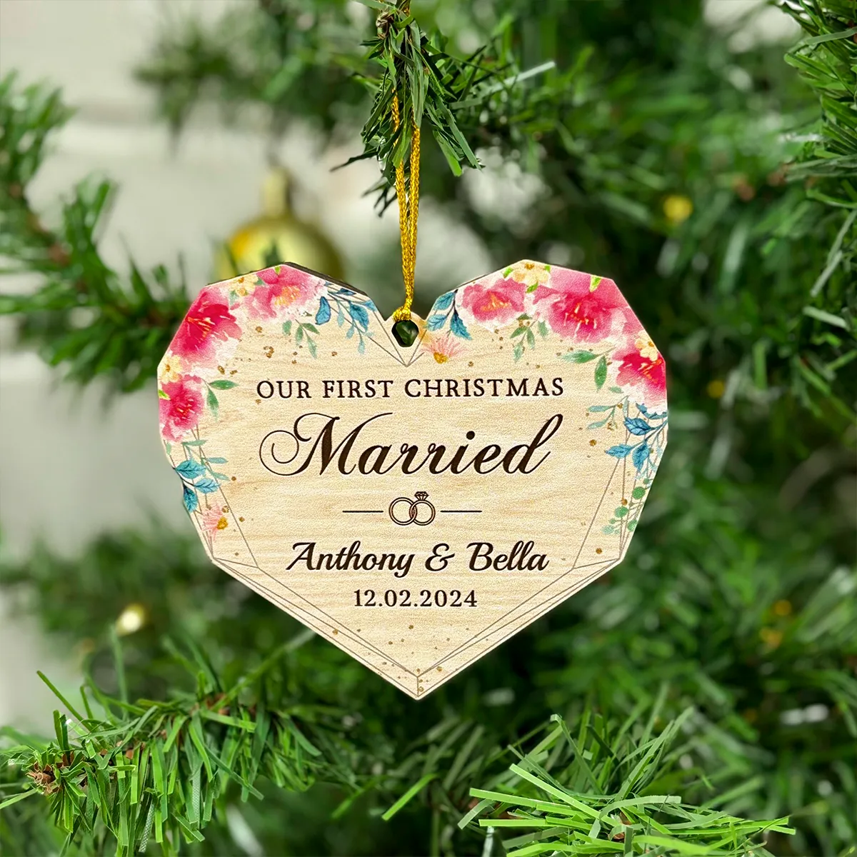 Personalized First Christmas Married Ornament - Custom Shaped Wooden Ornament, Newlywed Christmas Ornament, Gifts For Couple Bride Groom Bridal Shower