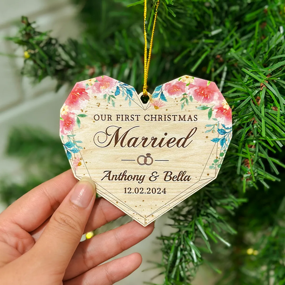 Personalized First Christmas Married Ornament - Custom Shaped Wooden Ornament, Newlywed Christmas Ornament, Gifts For Couple Bride Groom Bridal Shower