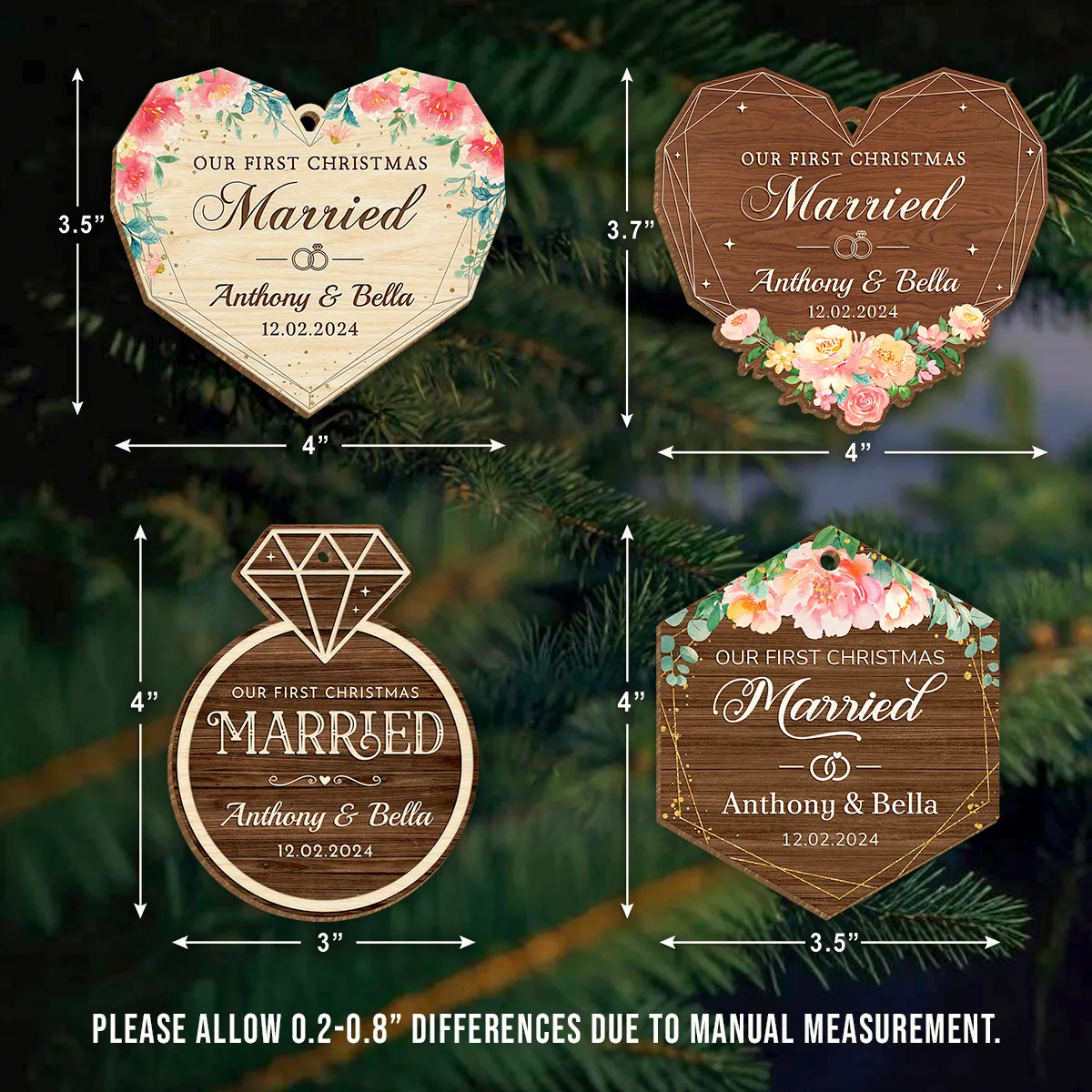 Personalized First Christmas Married Ornament - Custom Shaped Wooden Ornament, Newlywed Christmas Ornament, Gifts For Couple Bride Groom Bridal Shower