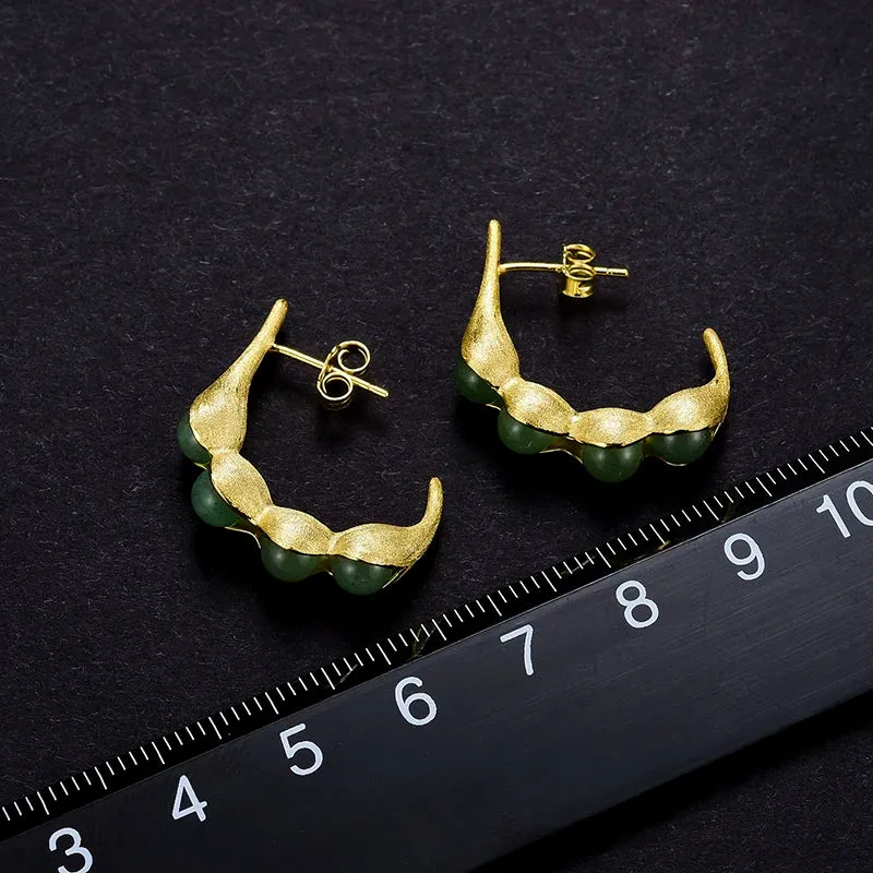 Real 925 Sterling Silver Fine Jewelry Natural Stones Pea Pods Design Jewelry Set with ring Drop Earring and Necklace