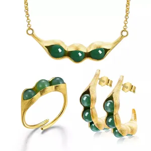 Real 925 Sterling Silver Fine Jewelry Natural Stones Pea Pods Design Jewelry Set with ring Drop Earring and Necklace
