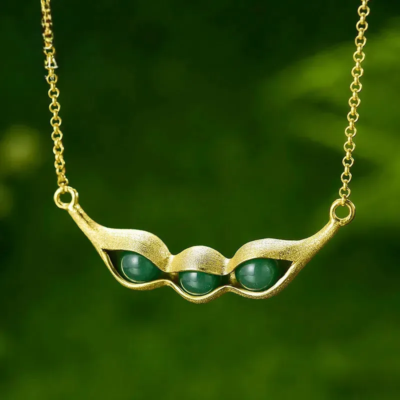 Real 925 Sterling Silver Fine Jewelry Natural Stones Pea Pods Design Jewelry Set with ring Drop Earring and Necklace