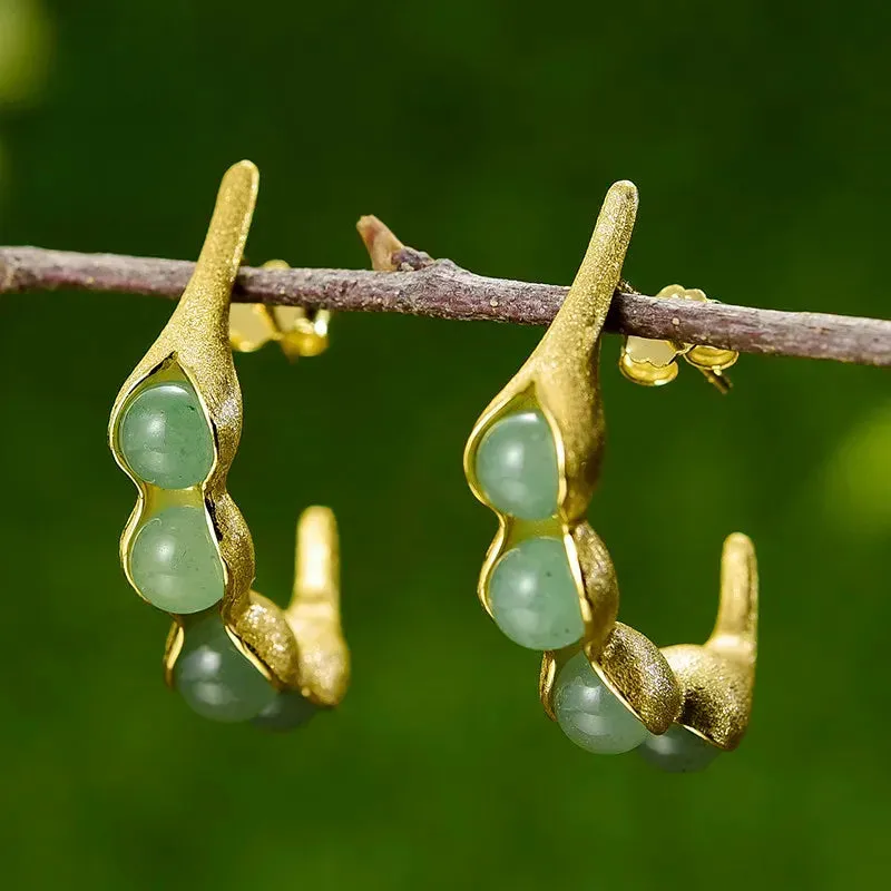 Real 925 Sterling Silver Fine Jewelry Natural Stones Pea Pods Design Jewelry Set with ring Drop Earring and Necklace