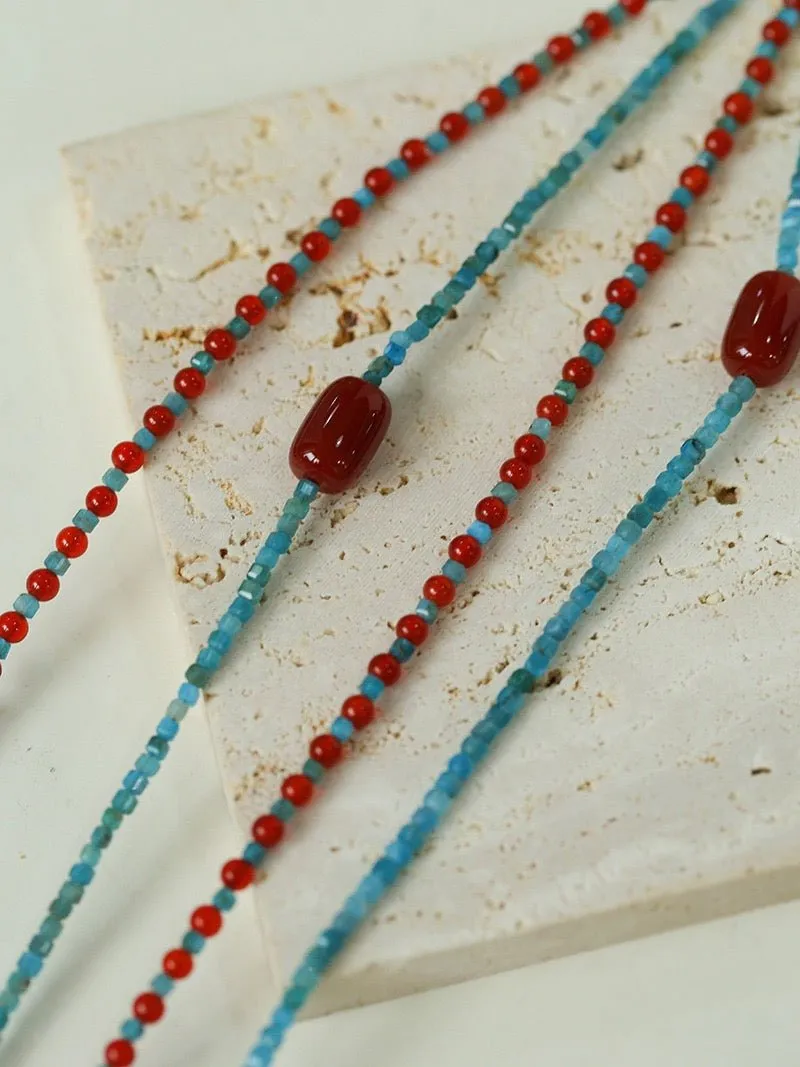 Red  Agate Splicing Blue Phosphorus Beaded Necklace
