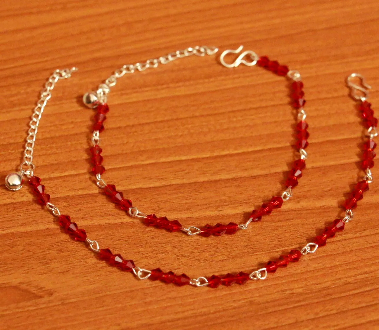 Red Crystal Beaded Silver Plated Anklets
