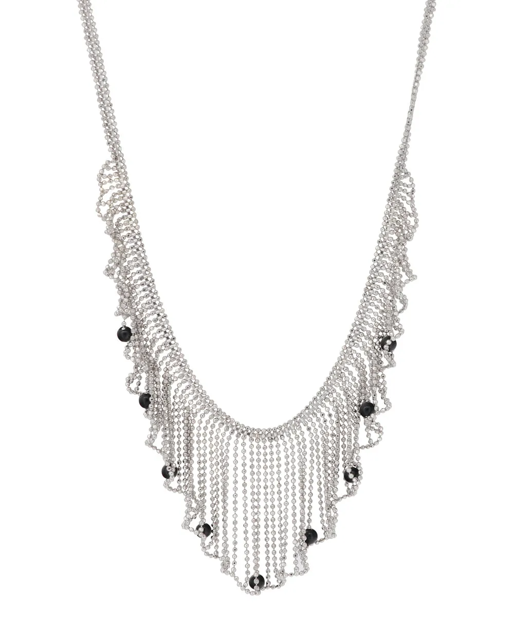 Rhodium Plated Fine Silver Fringe Necklace With Black Spinel Beads