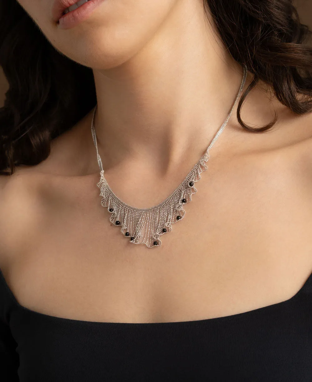 Rhodium Plated Fine Silver Fringe Necklace With Black Spinel Beads