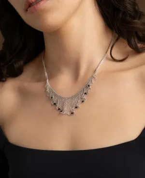 Rhodium Plated Fine Silver Fringe Necklace With Black Spinel Beads