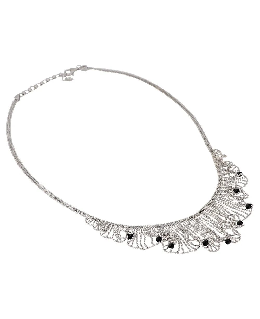 Rhodium Plated Fine Silver Fringe Necklace With Black Spinel Beads