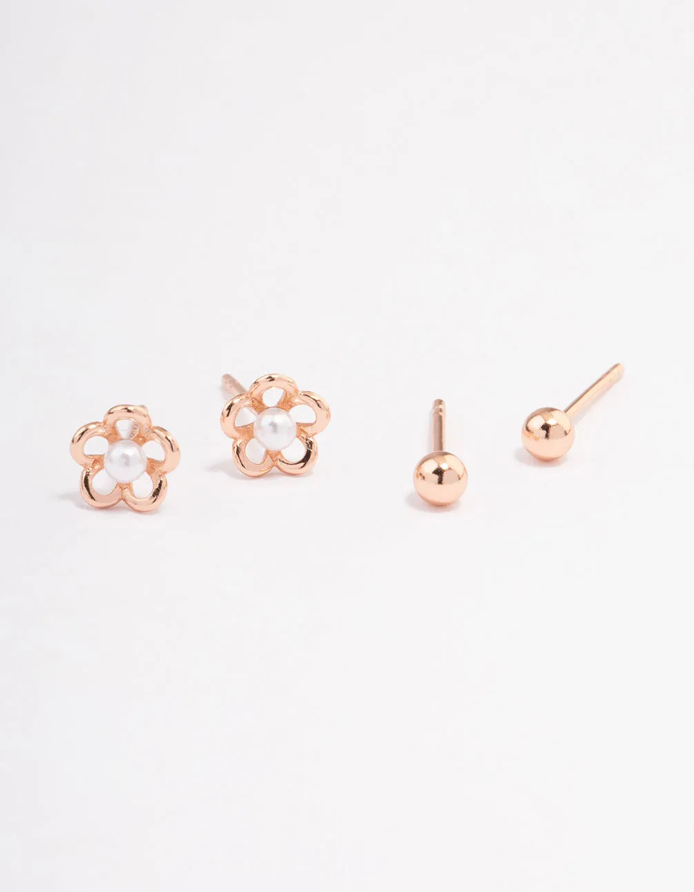 Rose Gold Plated Sterling Silver Pearl & Flower Stud Earring Pack