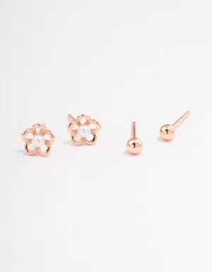 Rose Gold Plated Sterling Silver Pearl & Flower Stud Earring Pack