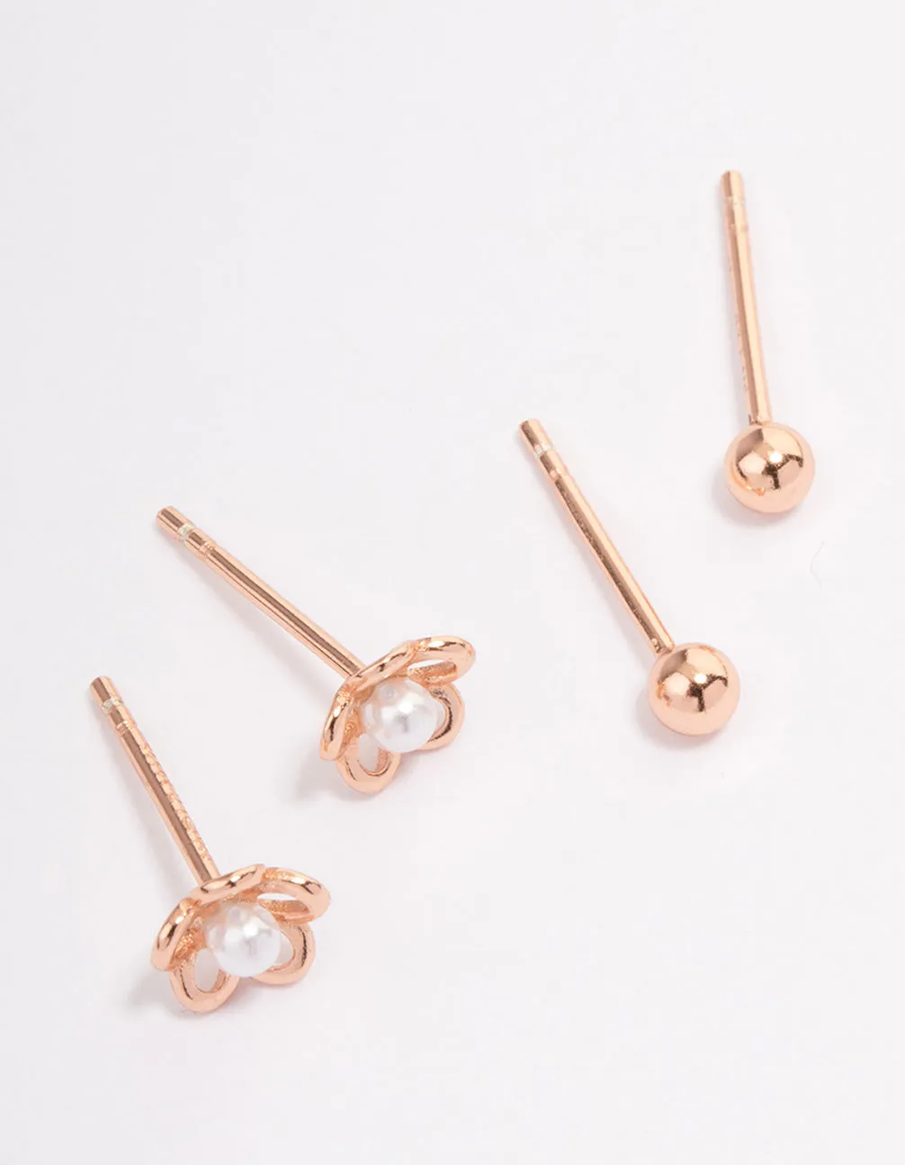 Rose Gold Plated Sterling Silver Pearl & Flower Stud Earring Pack