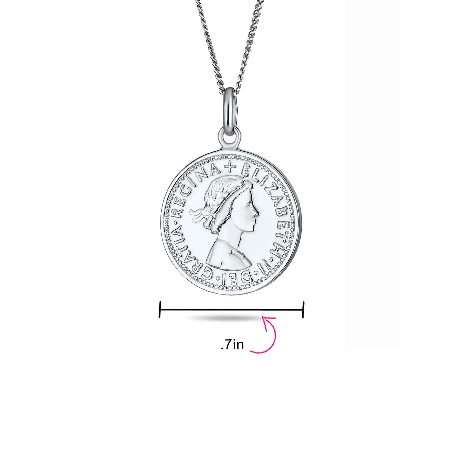 Royal Coin Disc Pendant Necklace 1957 Queen Elizabeth Medallion in Sterling Silver