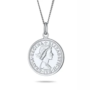 Royal Coin Disc Pendant Necklace 1957 Queen Elizabeth Medallion in Sterling Silver