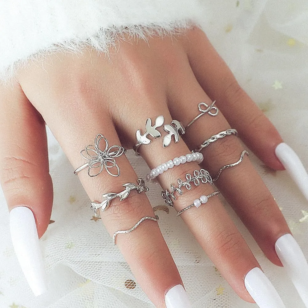 Rrdaily Fashion Gold Knuckle Stacking Rings Set for Teen Girls Women Boho Pearl Flower Leaf Rings Joint Stackable Nail Ring Hollow Finger Rings Pack