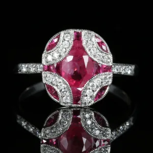 Ruby And Diamond Ring 18Ct White Gold Beautiful Cluster