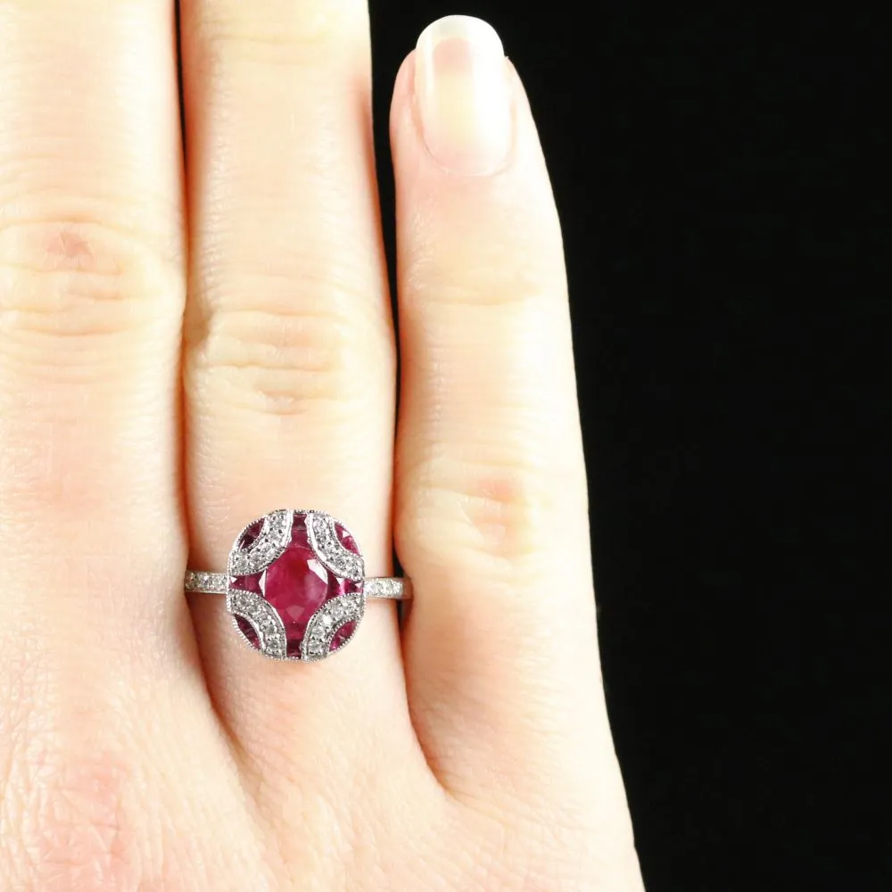 Ruby And Diamond Ring 18Ct White Gold Beautiful Cluster