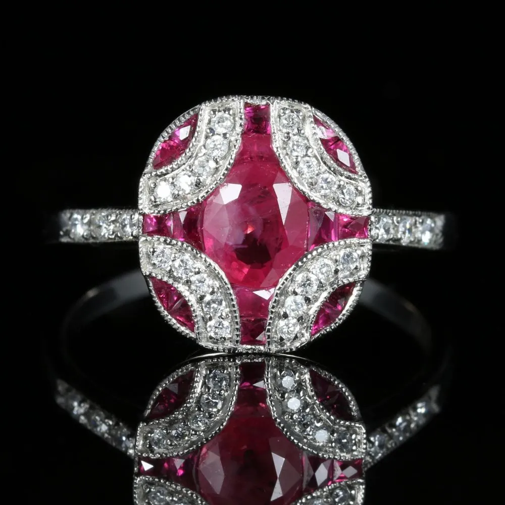 Ruby And Diamond Ring 18Ct White Gold Beautiful Cluster