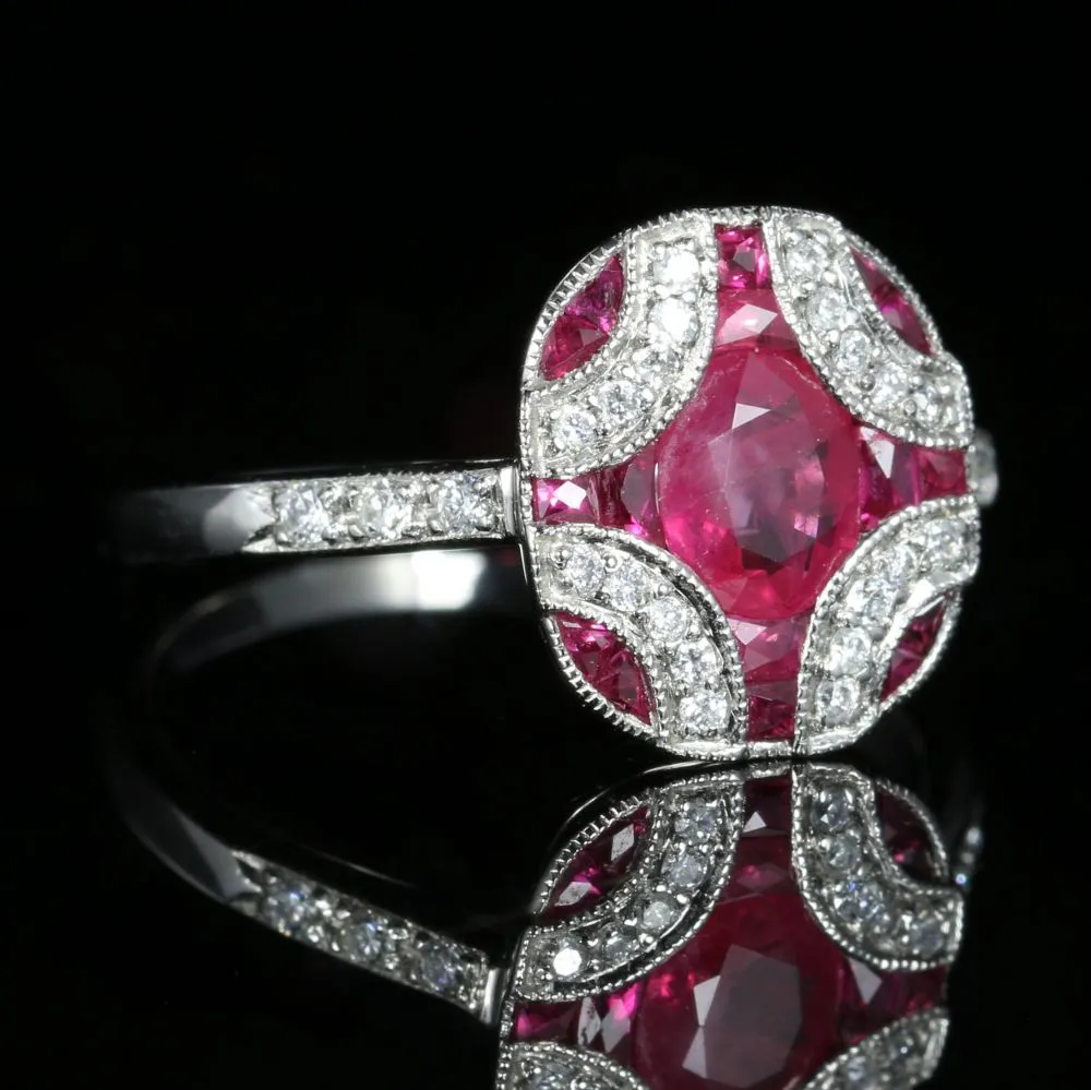 Ruby And Diamond Ring 18Ct White Gold Beautiful Cluster