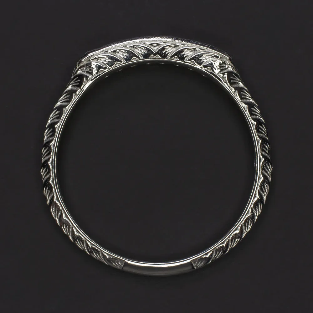 SAPPHIRE WHITE GOLD WEDDING BAND STACKING RING VINTAGE STYLE ART DECO ENGRAVING