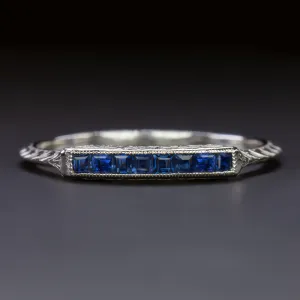 SAPPHIRE WHITE GOLD WEDDING BAND STACKING RING VINTAGE STYLE ART DECO ENGRAVING