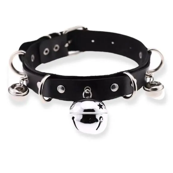 Sassy Black Leather Bells Buckle Choker Necklace